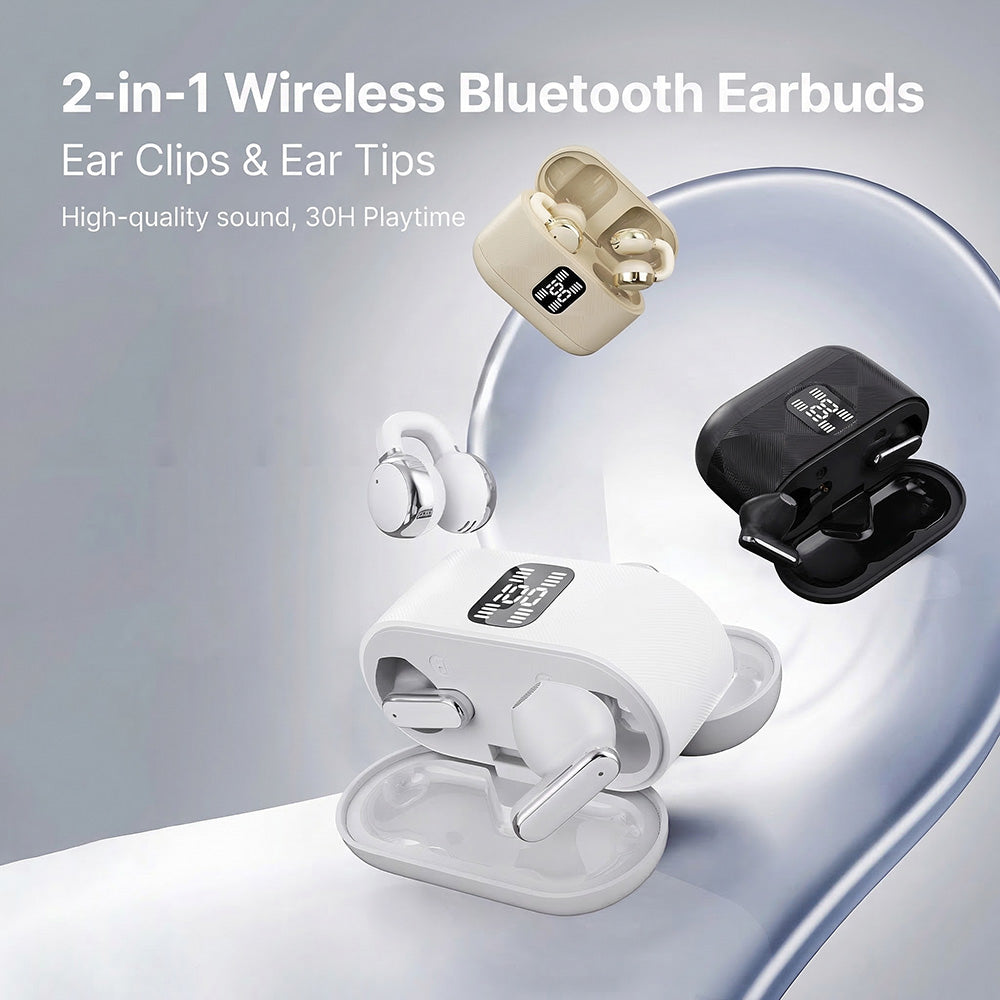 2-in-1 Kabellose Bluetooth-Ohrhörer mit Ohrclips und Ohrstöpseln | 30 Stunden Wiedergabezeit