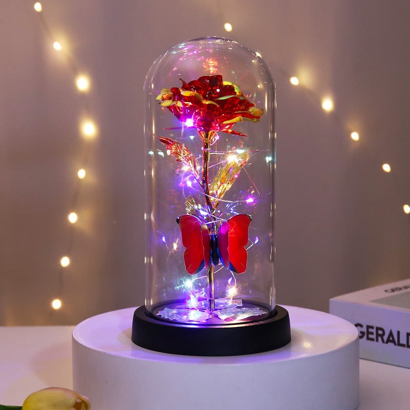 🔥Letzter Tag 49 % Rabatt – 🌹Ewige Schmetterlingsrose in Glasglocke mit LED-Beleuchtung✨