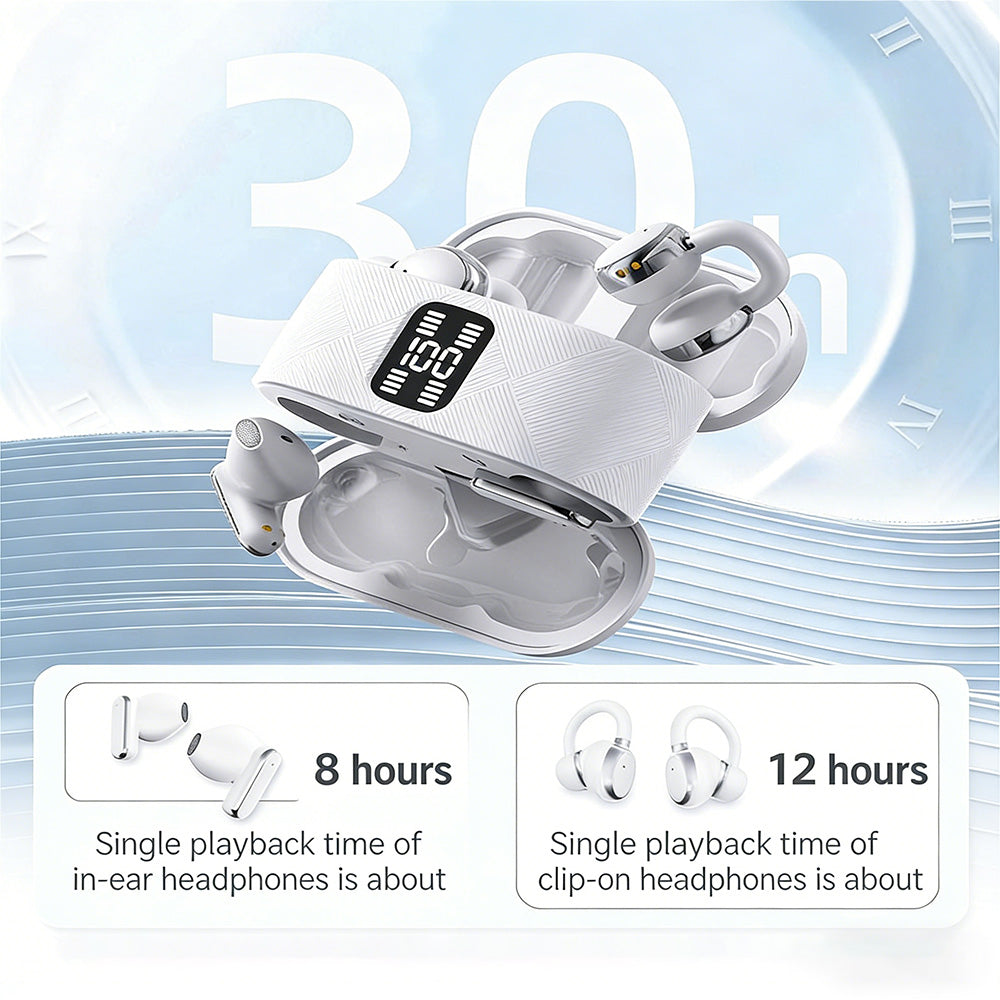 2-in-1 Kabellose Bluetooth-Ohrhörer mit Ohrclips und Ohrstöpseln | 30 Stunden Wiedergabezeit